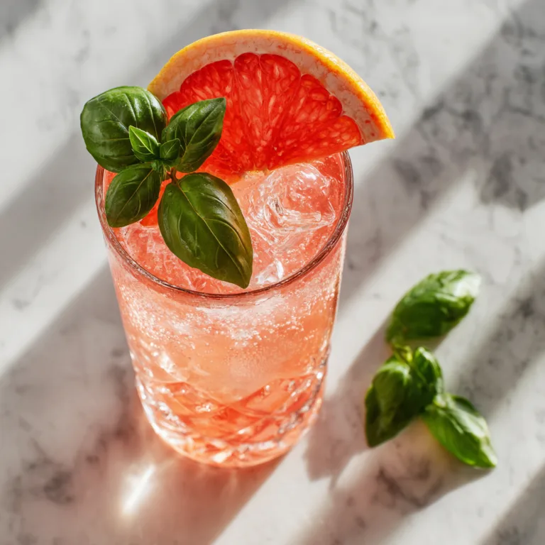 Cocktail pamplemousse rose servi dans un verre highball avec glaçons, tranche de pamplemousse et basilic frais
