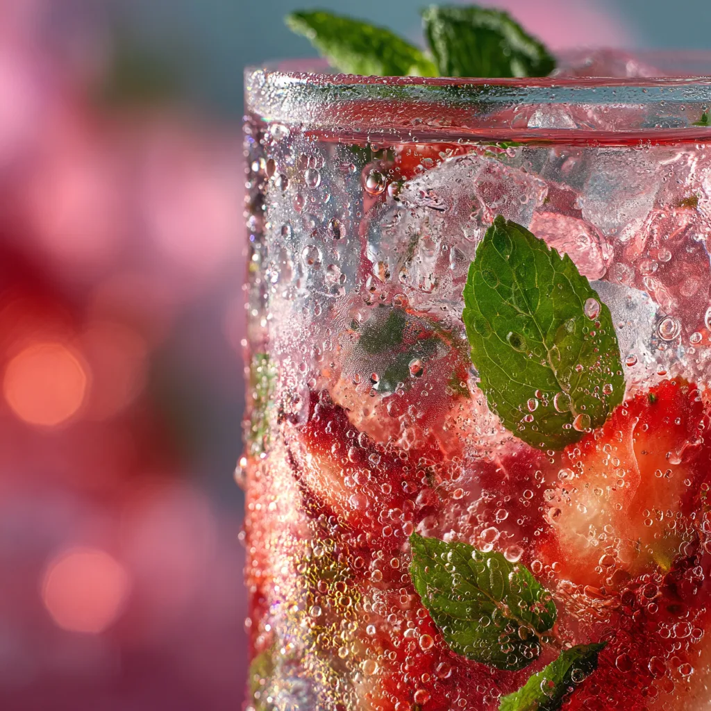 Gros plan texture cocktail de printemps avec bulles fraises écrasées menthe et glaçons dans verre transparent