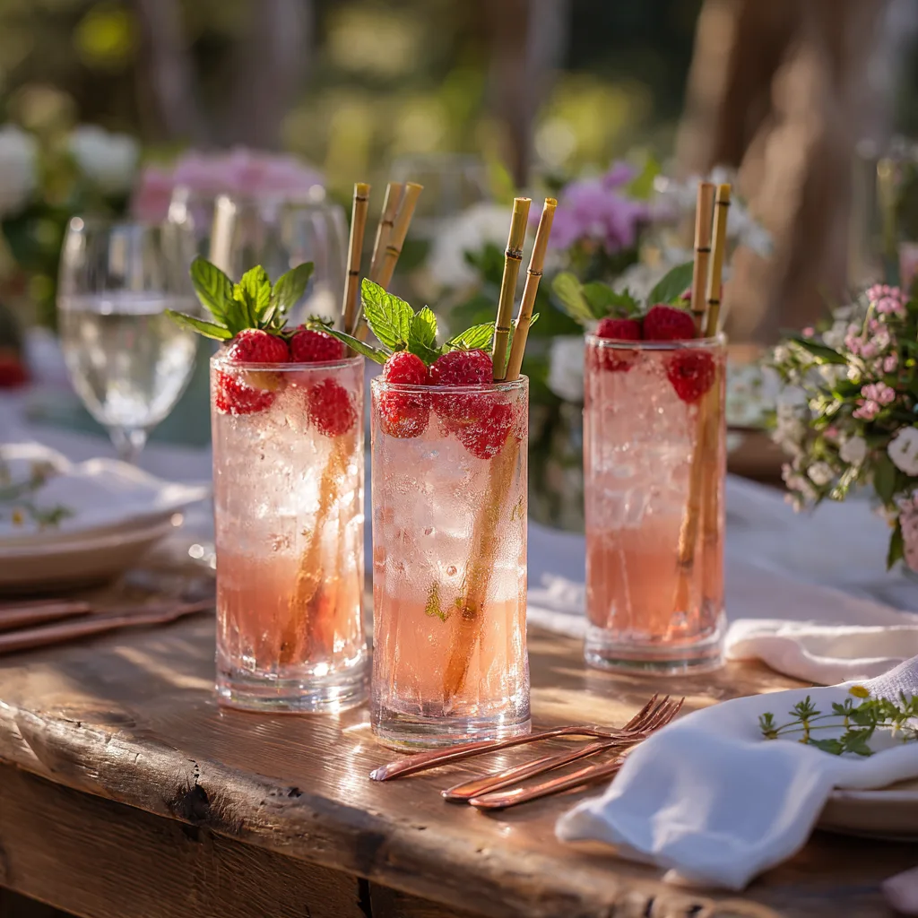 Service cocktail de printemps verres stylisés table bois jardin décoration brochettes fruits menthe ambiance estivale