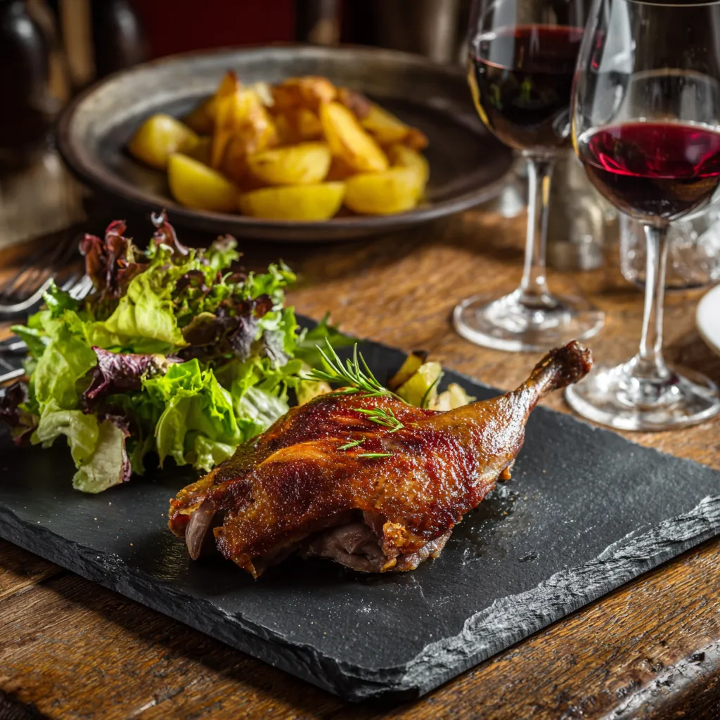 Confit de Canard servi assiette accompagnements pommes de terre salade présentation restaurant