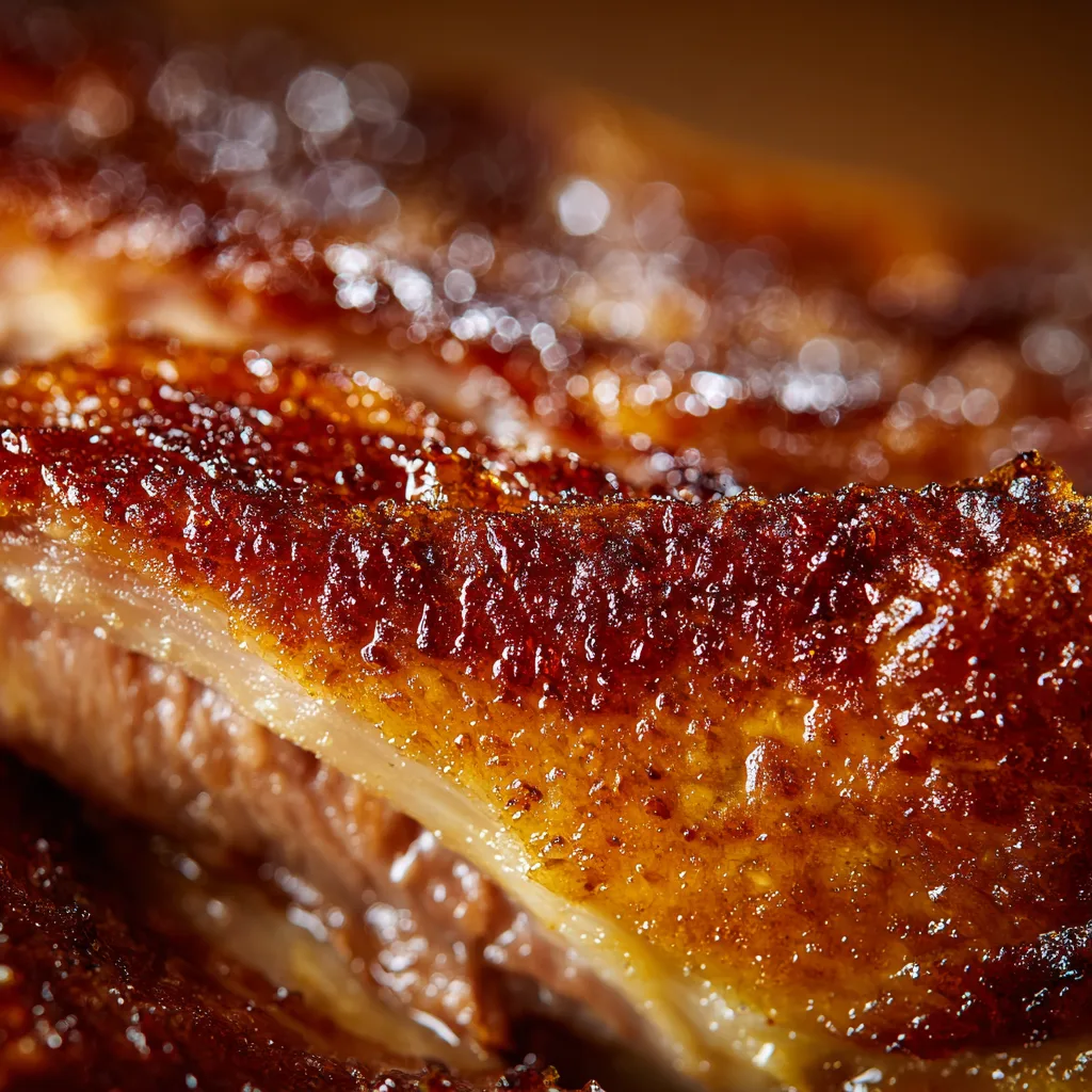 Gros plan texture croustillante Confit de Canard peau dorée caramélisée