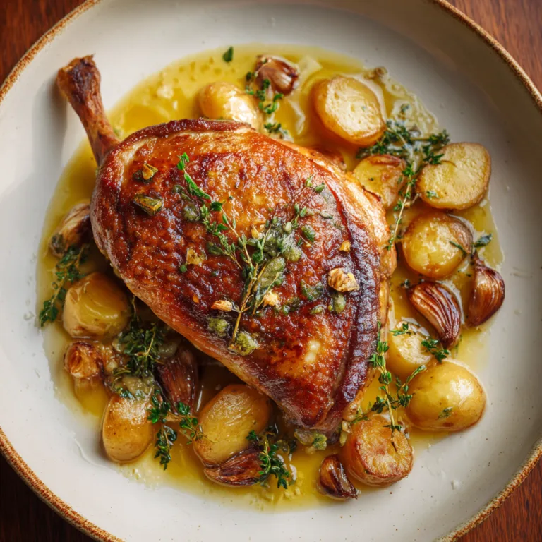 Confit de Canard traditionnel vue du dessus avec pommes de terre sarladaises et aromates