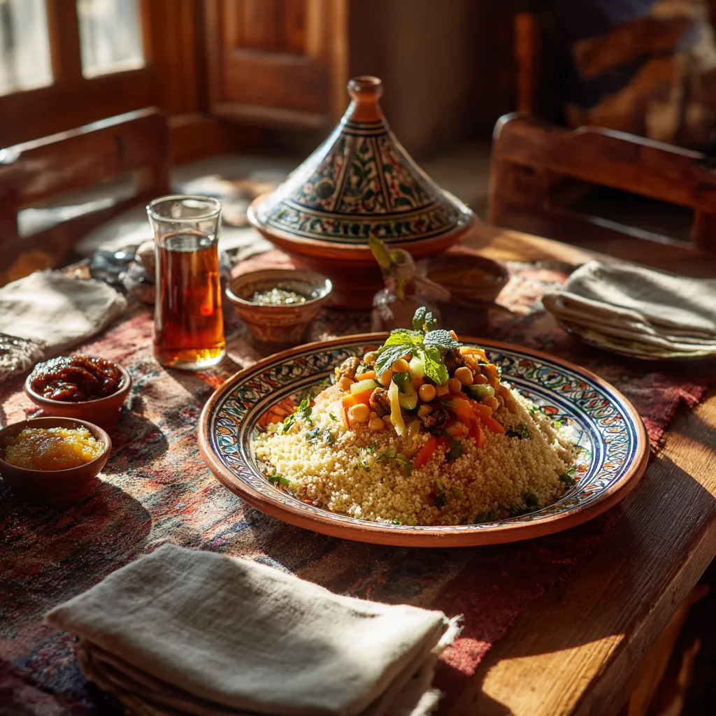 Couscous végétarien rapide servi table accompagnements harissa citron confit
