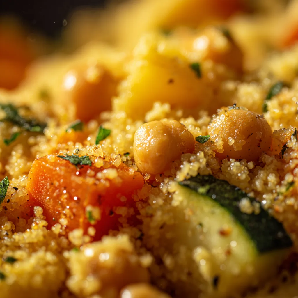 Gros plan texture semoule couscous végétarien rapide grains aériens légumes