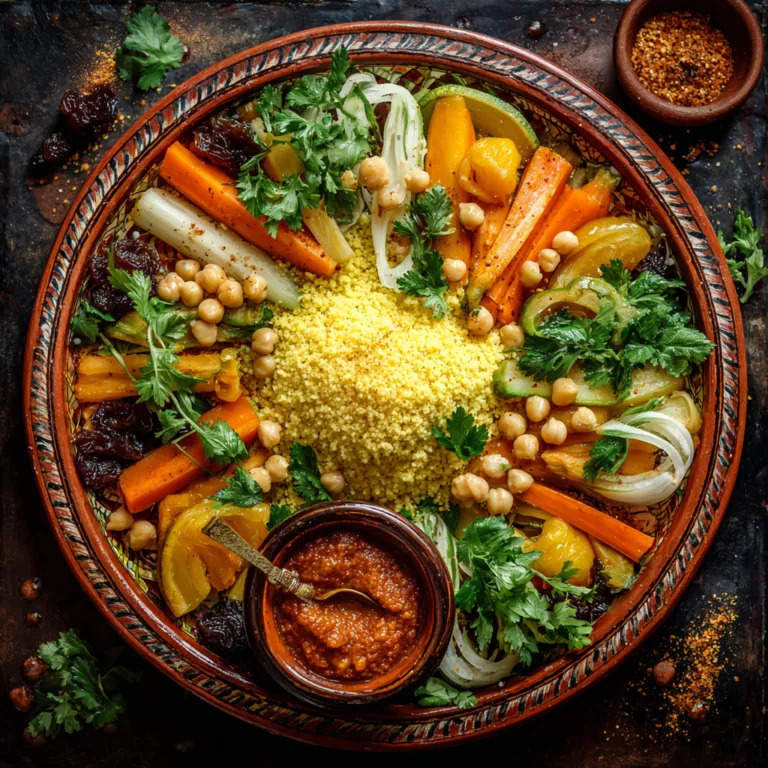 Couscous végétarien rapide vue du dessus avec légumes colorés et semoule dorée
