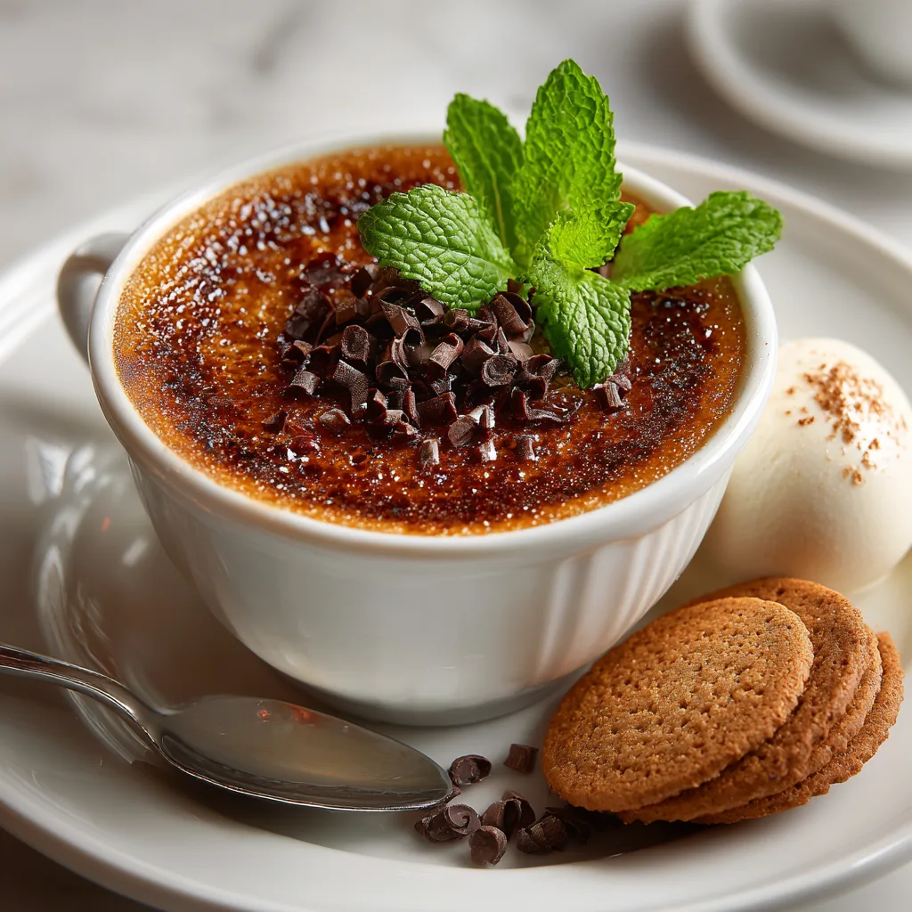 Crème brûlée au chocolat servie avec glace vanille et décoration menthe fraîche