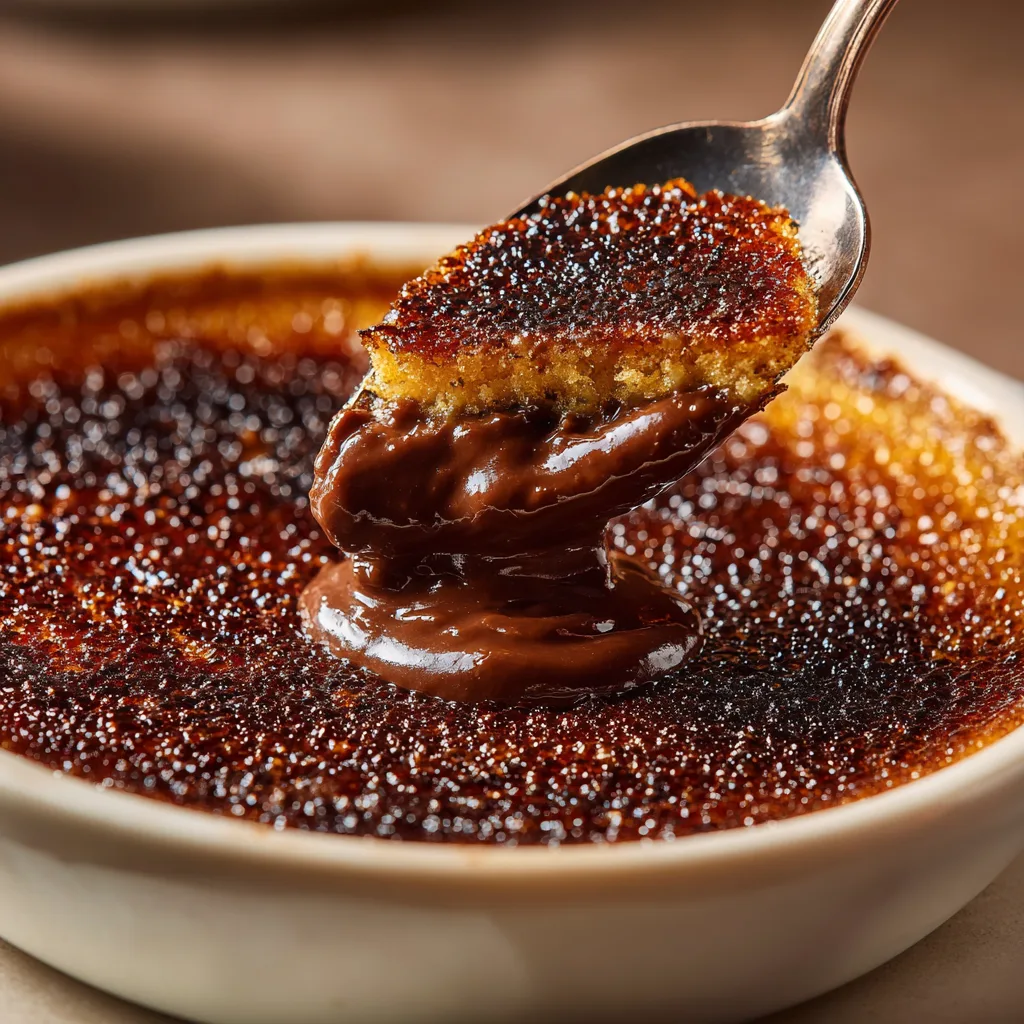 Texture onctueuse crème brûlée au chocolat avec croûte caramel cassée à la cuillère