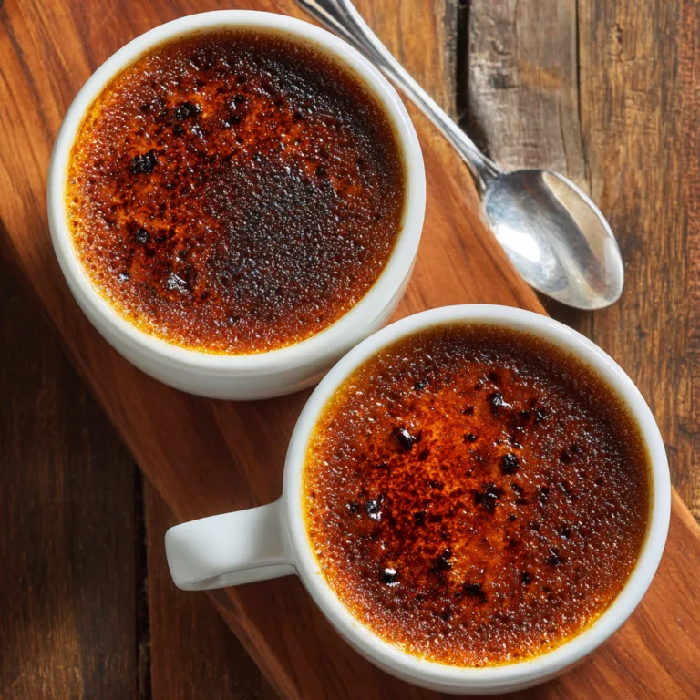 Crème brûlée au chocolat maison avec surface caramélisée dorée dans ramequins blancs