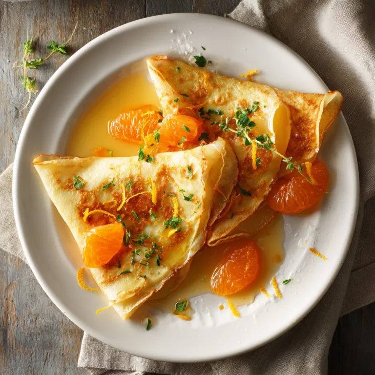 Crêpes Suzette authentiques avec sauce à l'orange, pliées en triangles sur assiette blanche