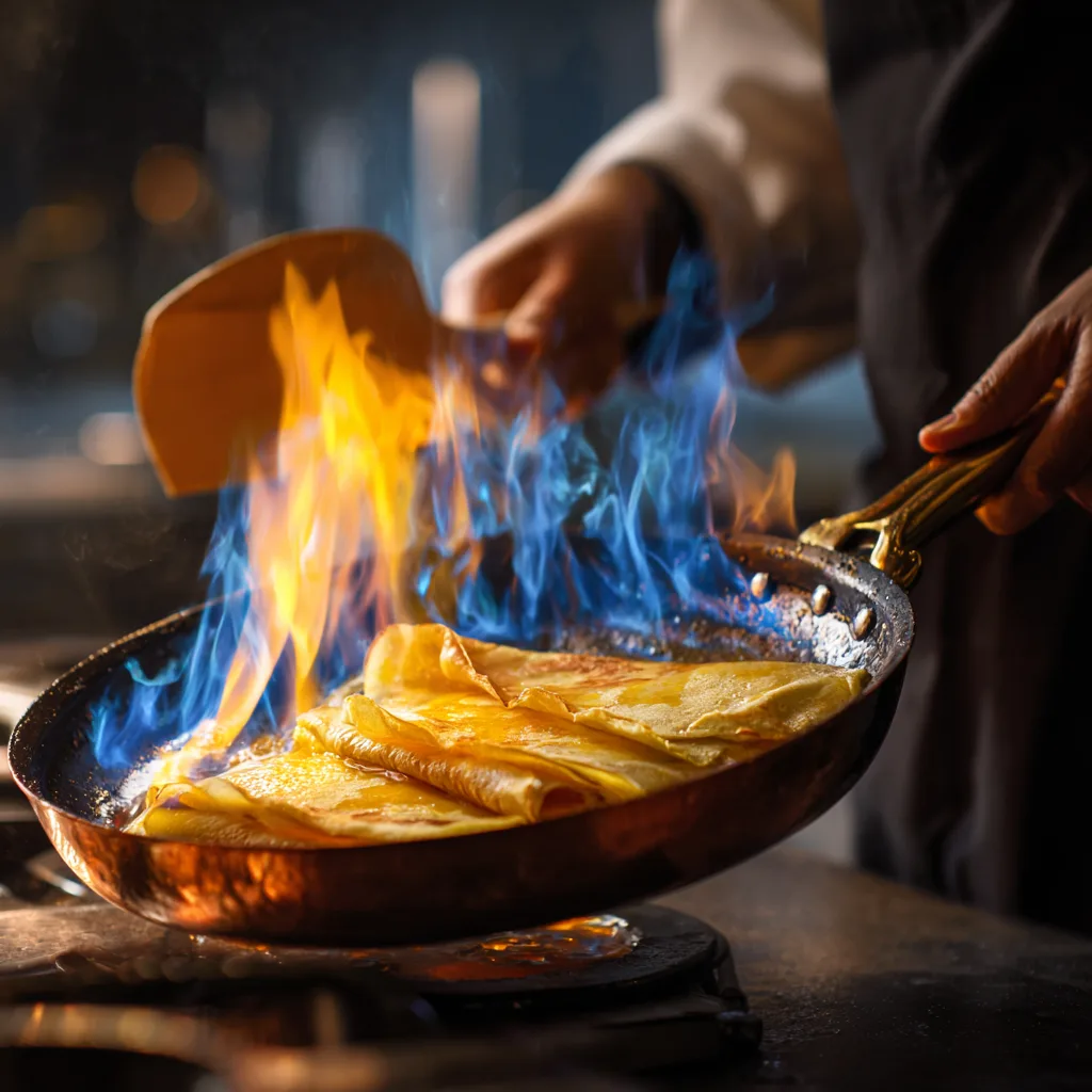 Préparation spectaculaire des Crêpes Suzette avec flambé au Grand Marnier dans une poêle