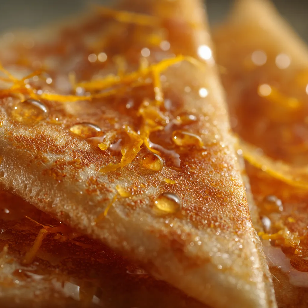 Gros plan de Crêpes Suzette montrant la texture délicate et la sauce brillante à l'orange