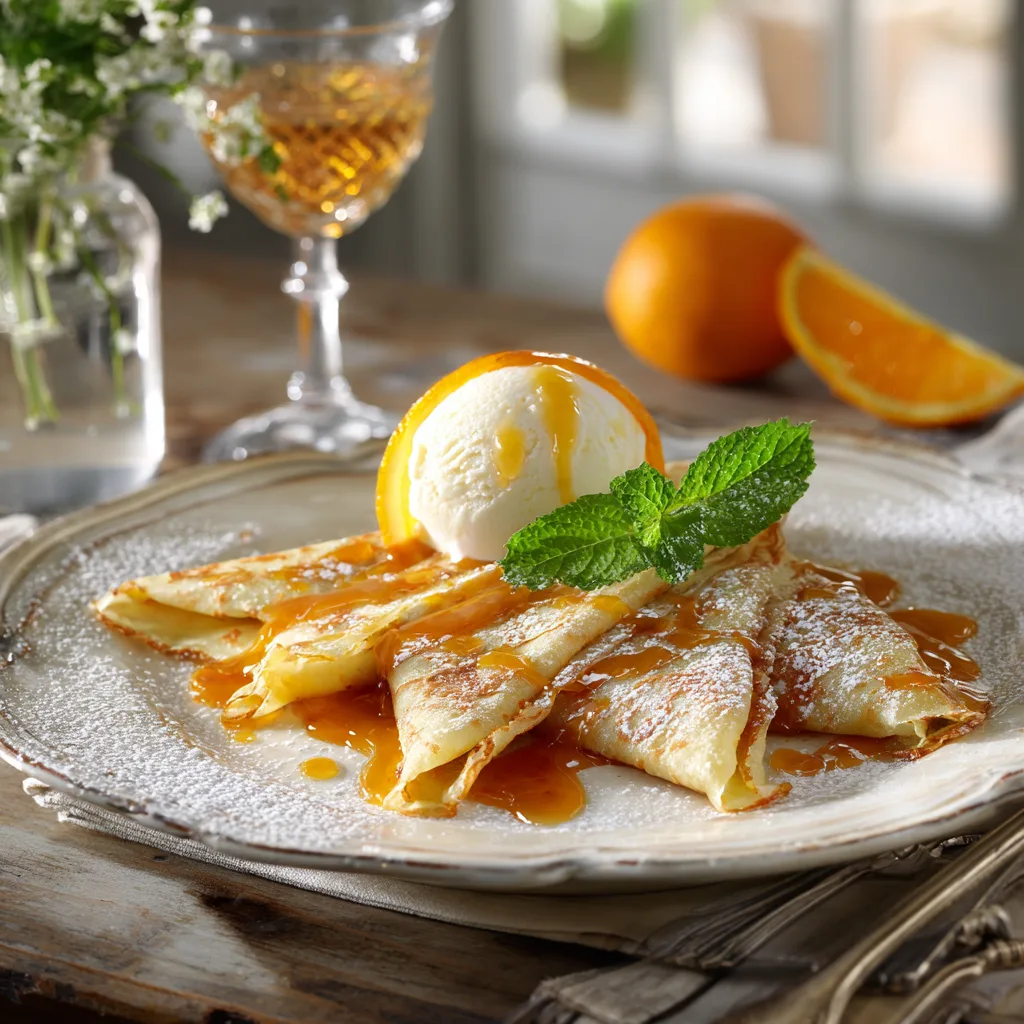 Crêpes Suzette élégamment servies avec glace à la vanille sur table de restaurant français