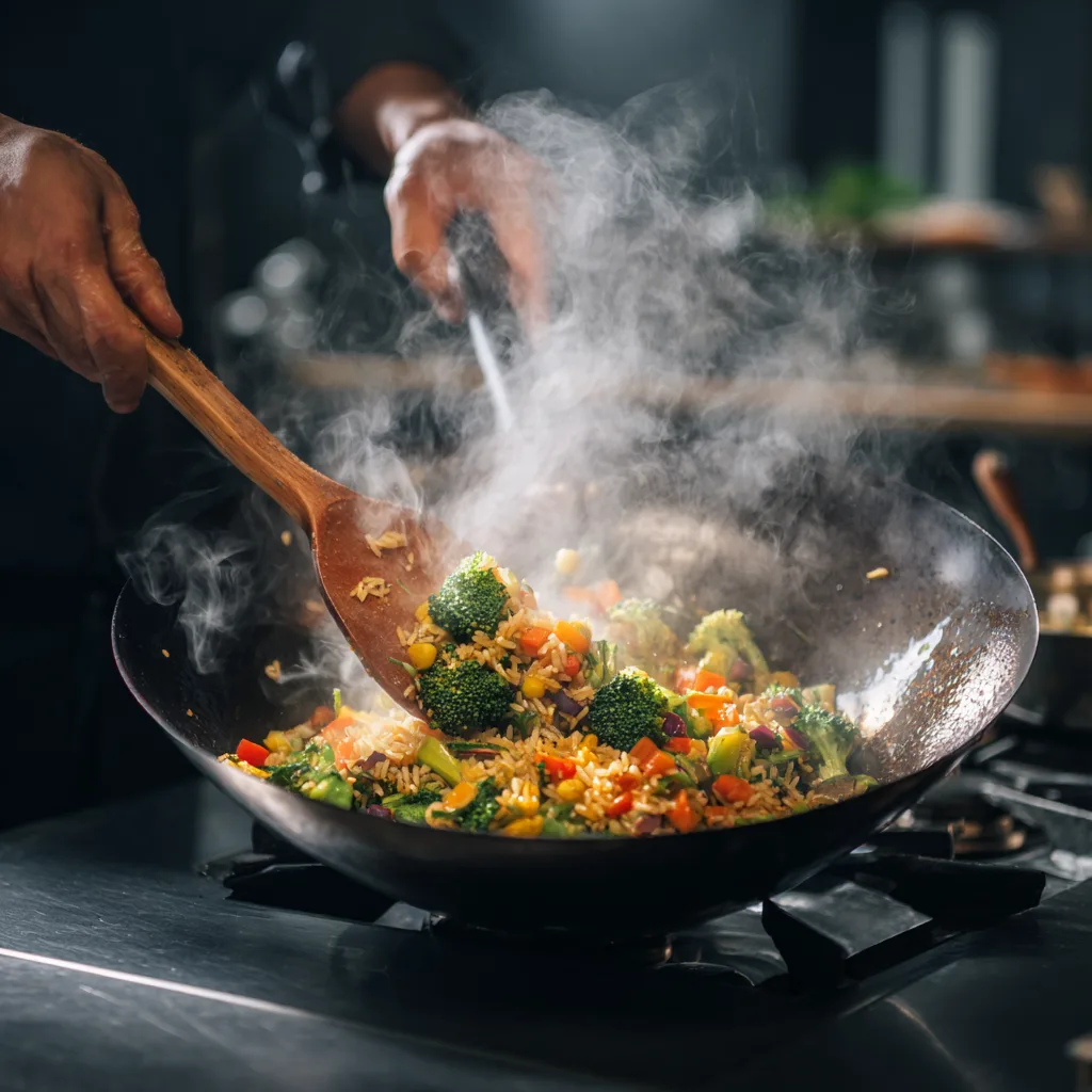 Cuisson riz sauté aux légumes mars wok fumant action cuisine technique asiatique