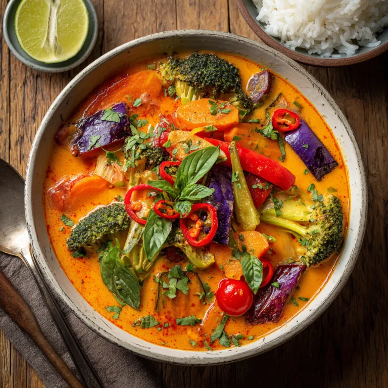 Curry rouge thaï aux légumes dans un bol blanc avec riz jasmin vue de dessus
