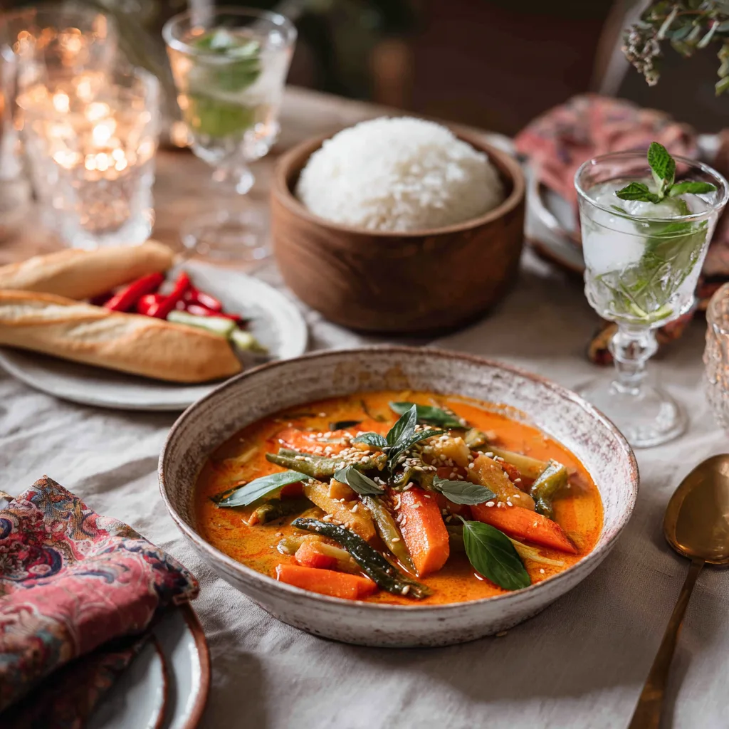 Curry rouge thaï aux légumes présenté sur table avec accompagnements et riz