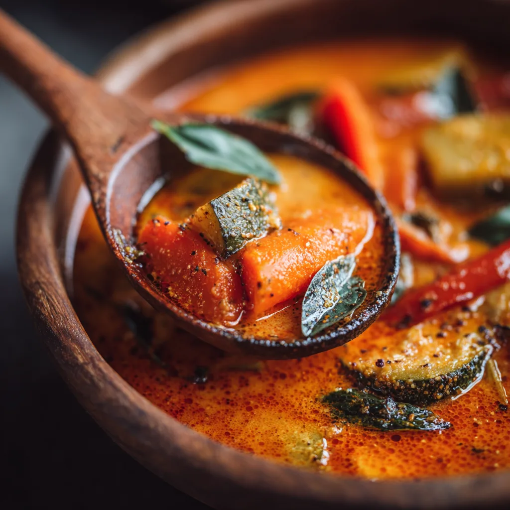 Gros plan texture crémeuse curry rouge thaï aux légumes avec sauce lait de coco
