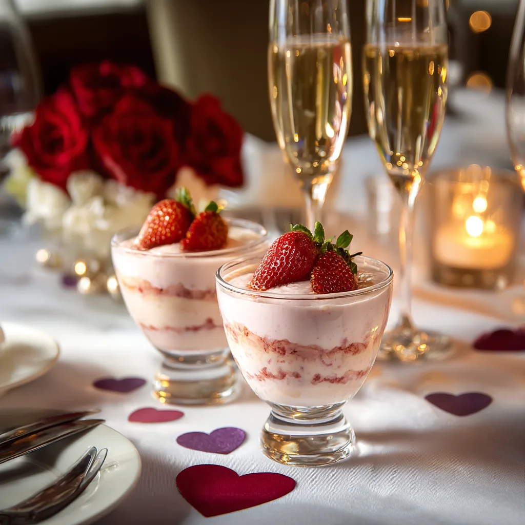 Mousse aux fraises servie sur une table romantique avec bougies pour la Saint-Valentin