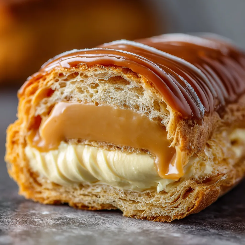 Gros plan d'un éclair au caramel beurre salé coupé montrant la crème onctueuse