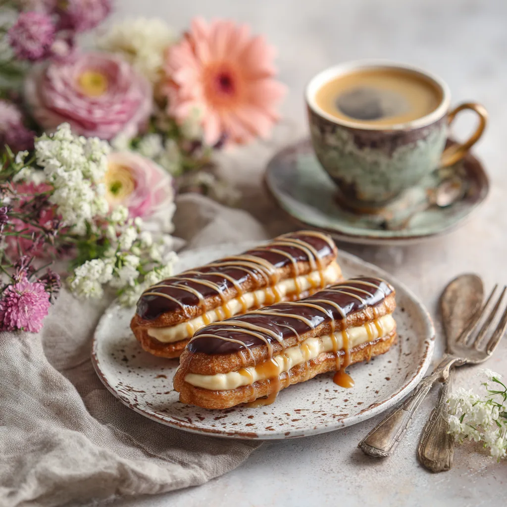 Éclair au caramel beurre salé servi avec café sur table élégante