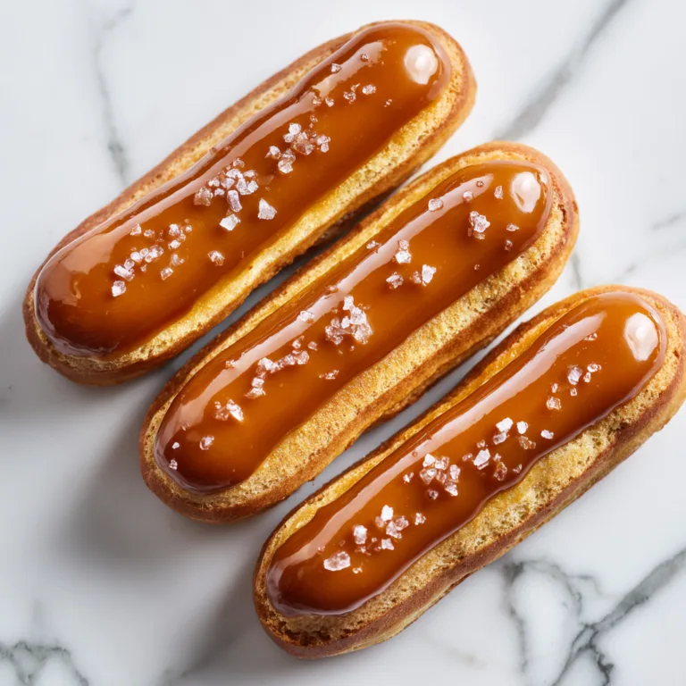 Éclair au caramel beurre salé vue du dessus avec glaçage brillant et fleur de sel