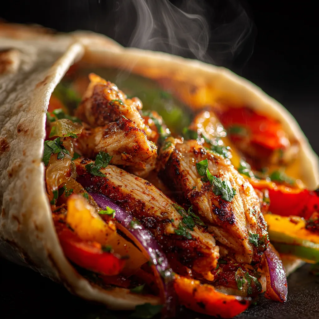 Gros plan fajitas au poulet lanières grillées épices poivrons tortilla blé texture tendre juteux