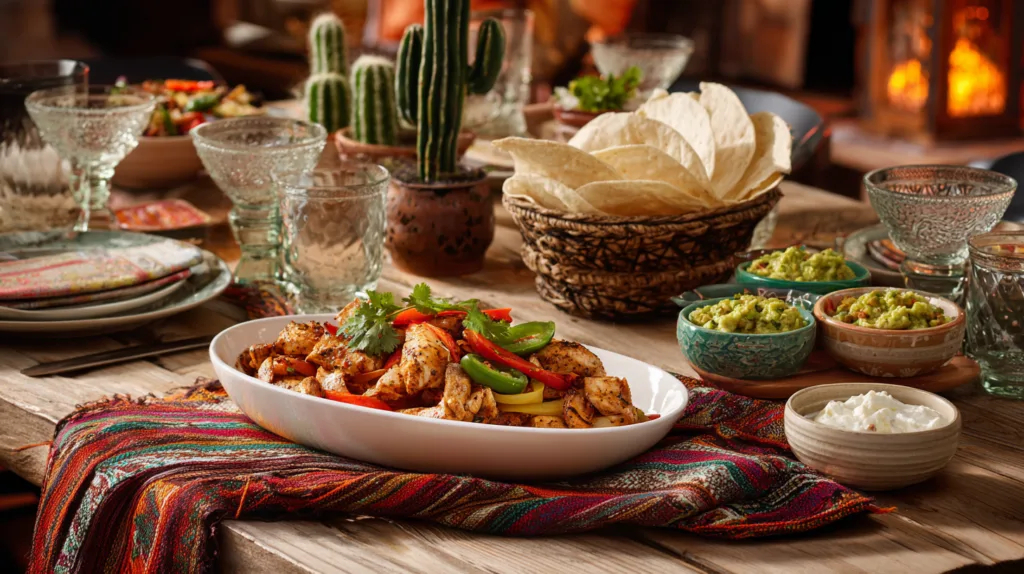 Fajitas au poulet servies sur table mexicaine avec tortillas guacamole salsa crème fromage présentation festive