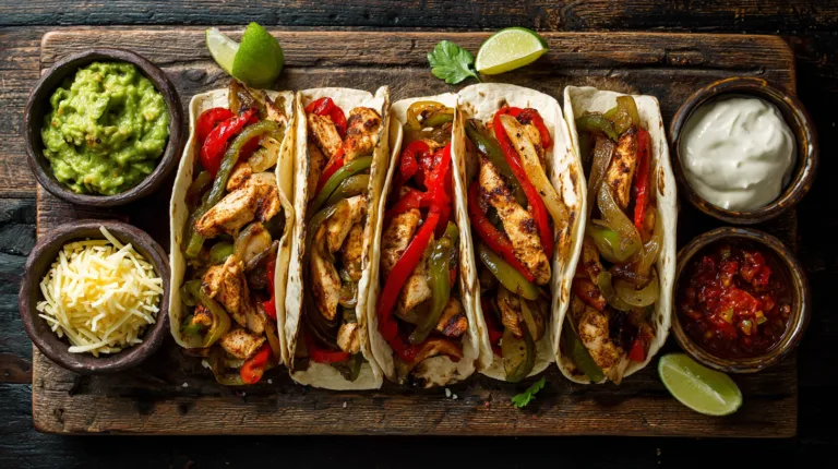 Fajitas au poulet mexicaines vue du dessus avec poivrons grillés oignons et accompagnements guacamole salsa fromage sur planche bois