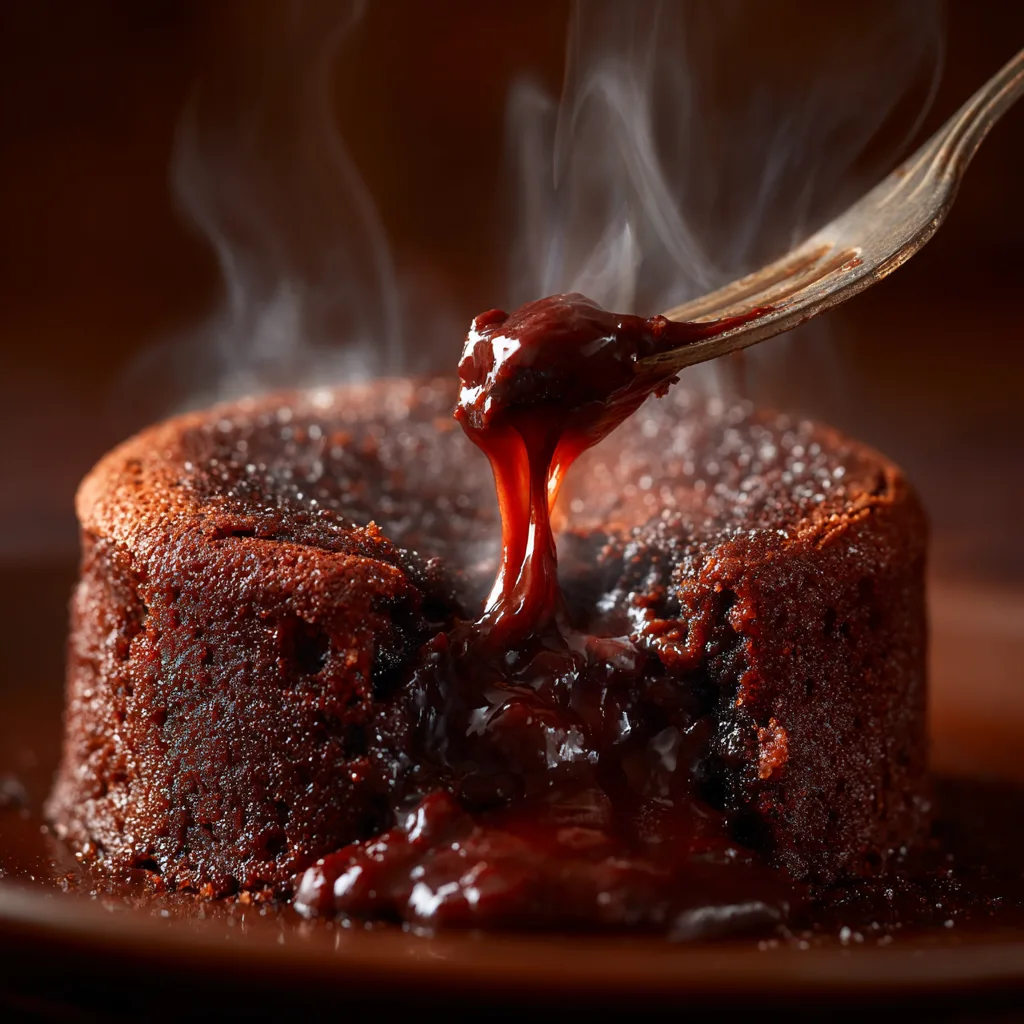 Gros plan du cœur coulant du Fondant Chocolat avec chocolat fondu qui s'écoule