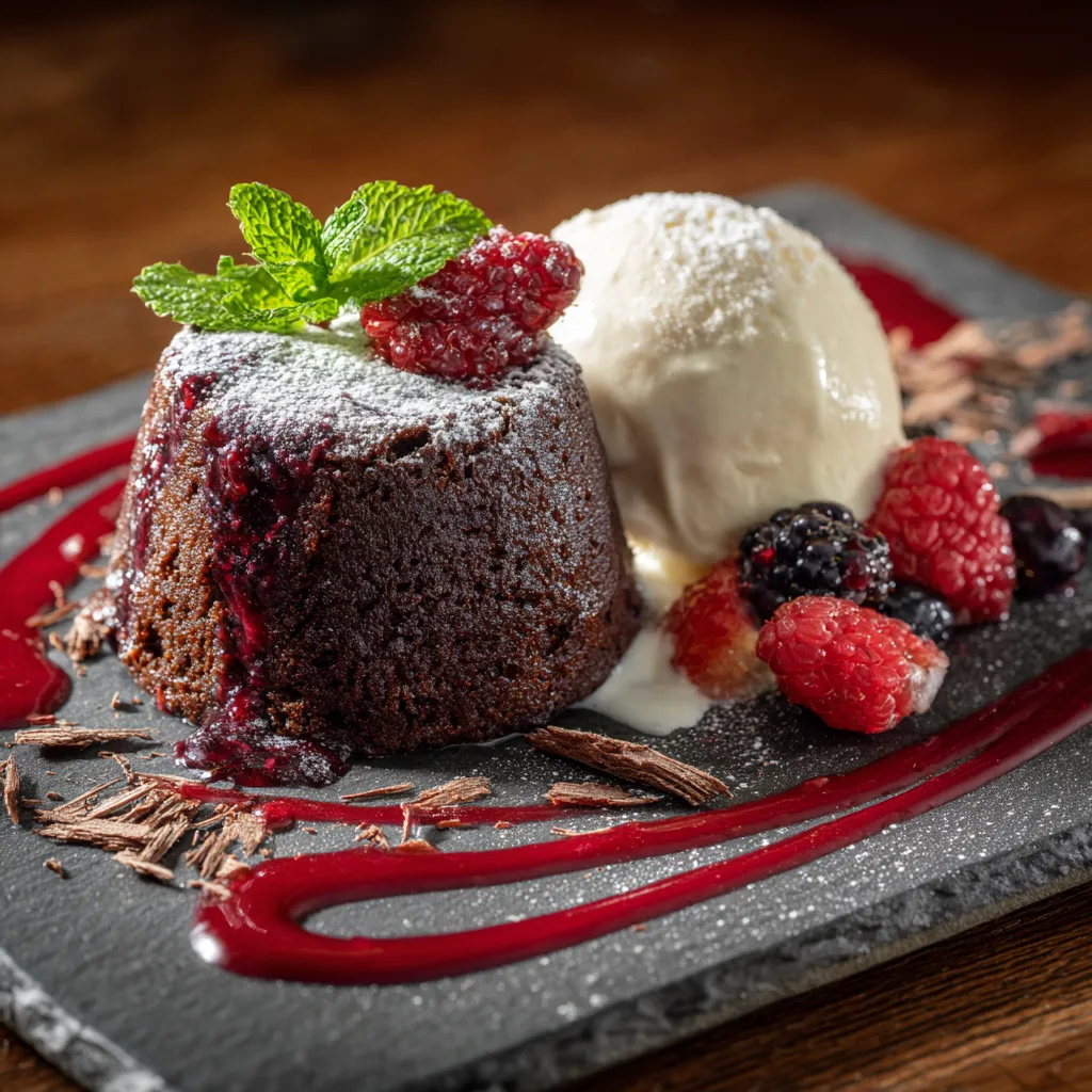 Fondant Chocolat Coulant servi avec glace vanille et coulis de fruits rouges