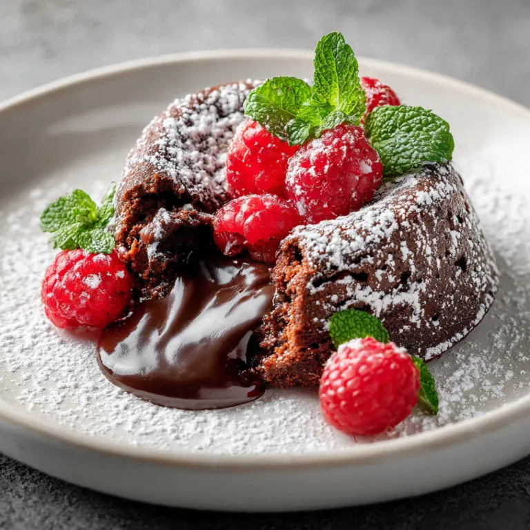 Fondant Chocolat Coulant vu du dessus avec cœur coulant et framboises fraîches