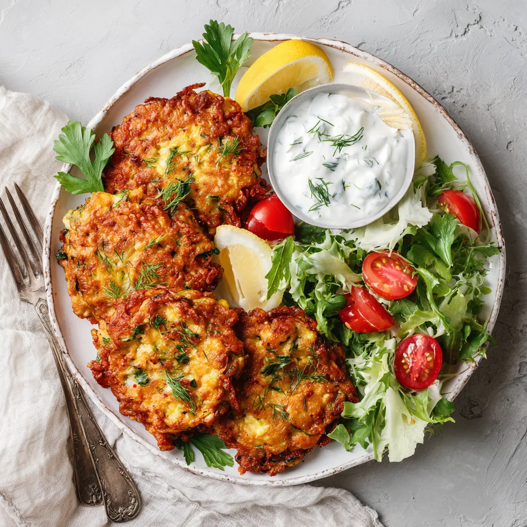 Galettes de légumes croustillantes servies avec sauce tzatziki salade verte assiette