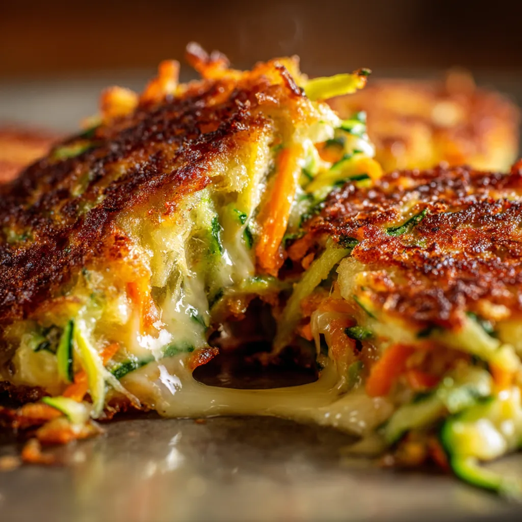 Gros plan intérieur galettes de légumes croustillantes montrant texture moelleuse et croûte dorée