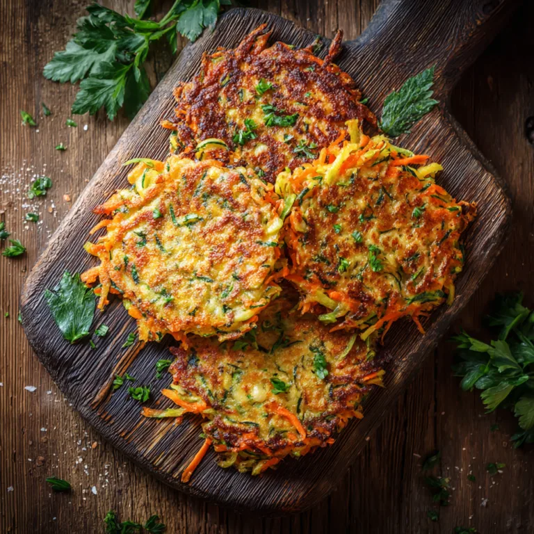Galettes de légumes croustillantes dorées vue du dessus sur planche en bois rustique