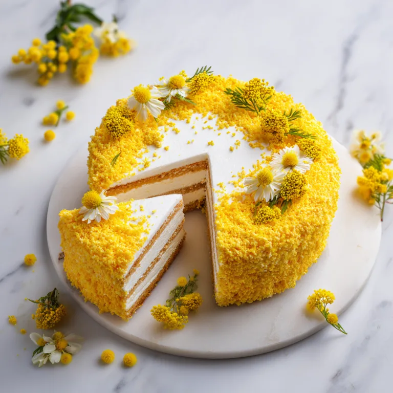 Gâteau Journée de la Femme recette 8 mars vue dessus avec décoration mimosa dorée et crème