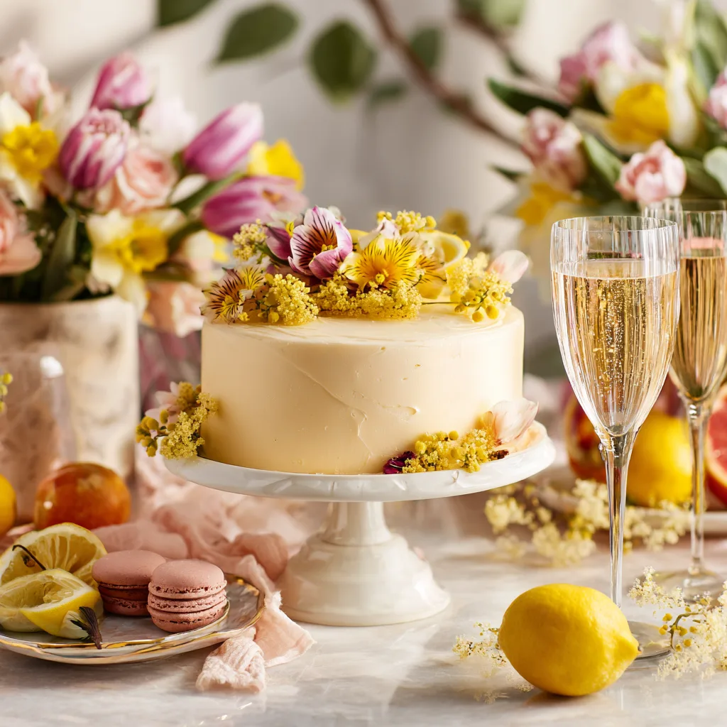 Gâteau Journée de la Femme servi avec décoration florale mimosa jaune pour célébration 8 mars