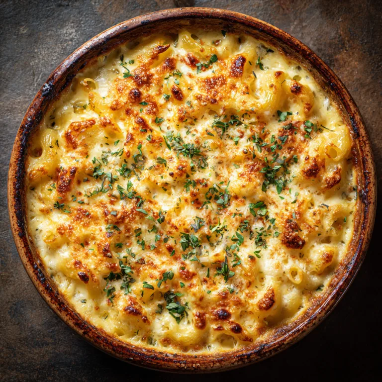 Gratin de pâtes au fromage doré au four vue du dessus avec croûte gratinée