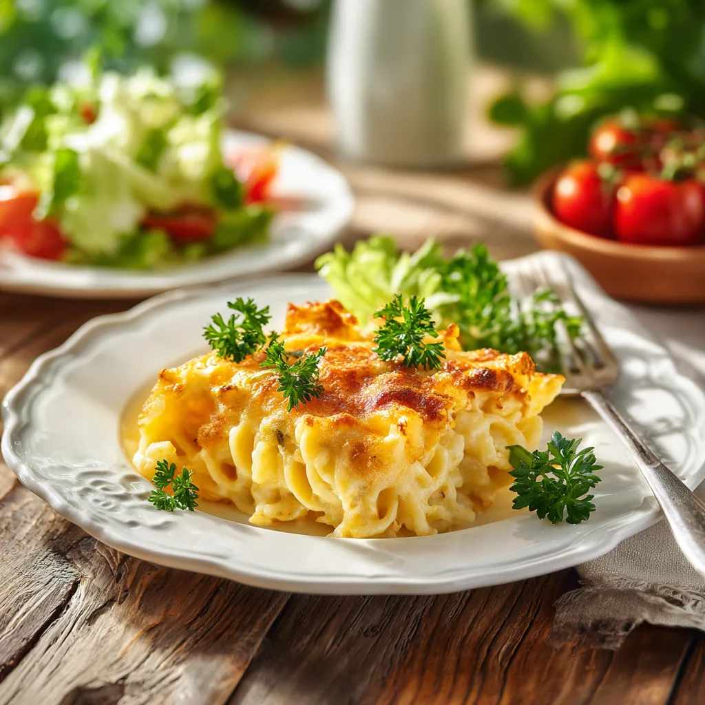 Gratin de pâtes au fromage servi assiette accompagnement salade