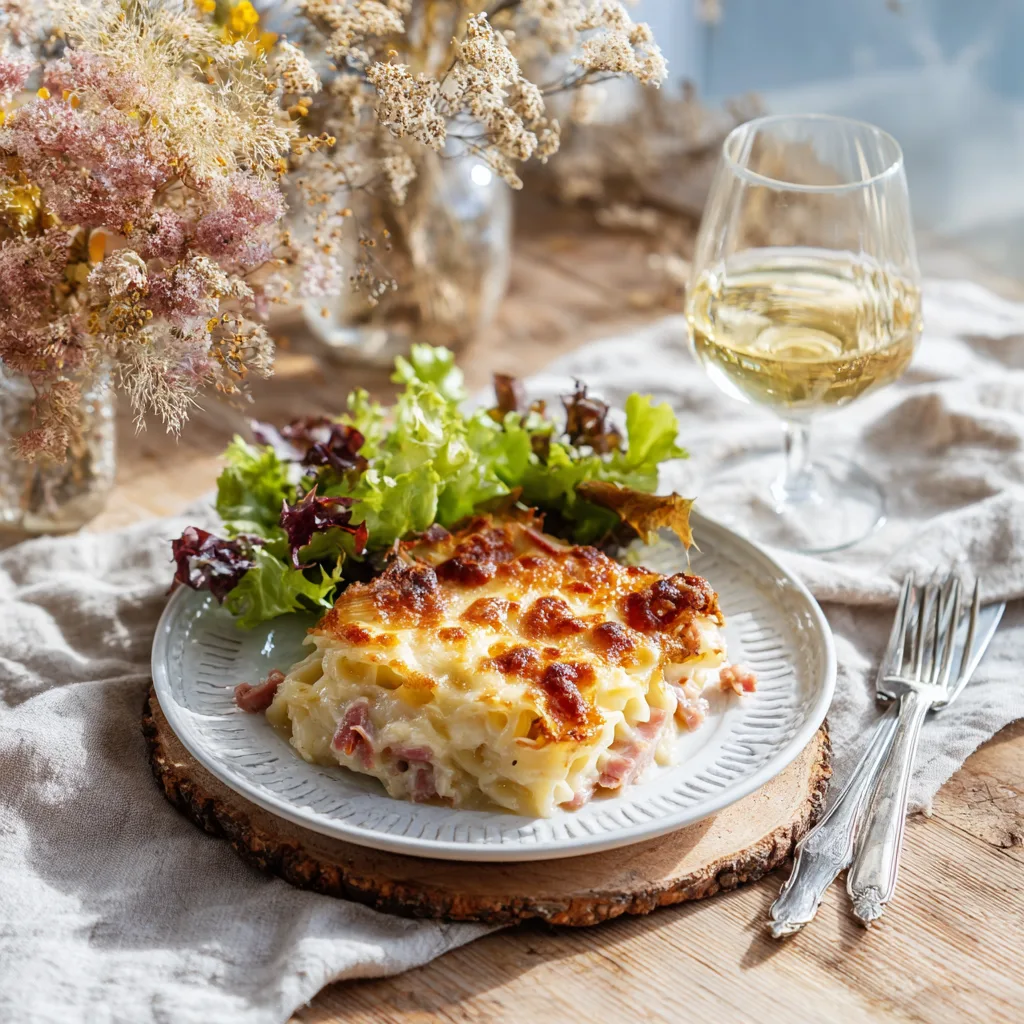 Gratin de pâtes au jambon servi avec salade accompagnement