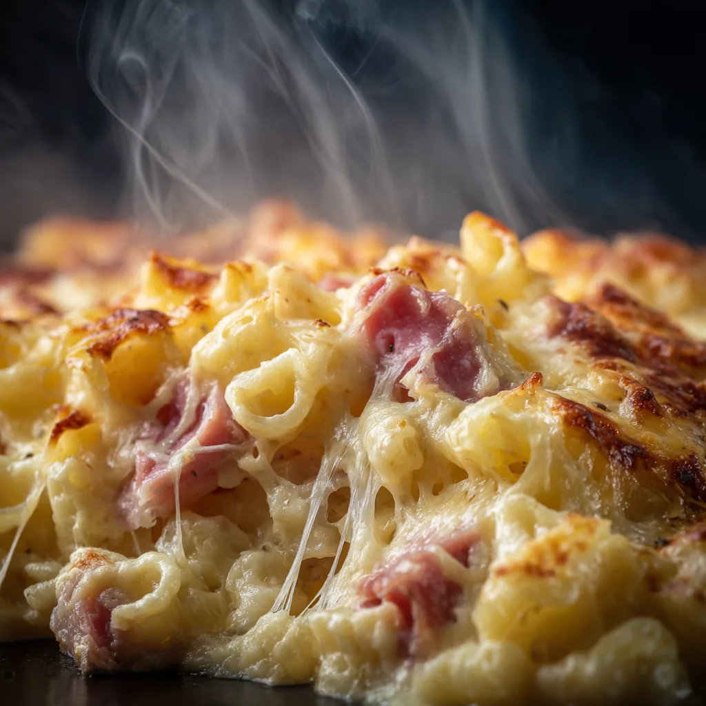 Gros plan texture crémeuse gratin de pâtes au jambon béchamel