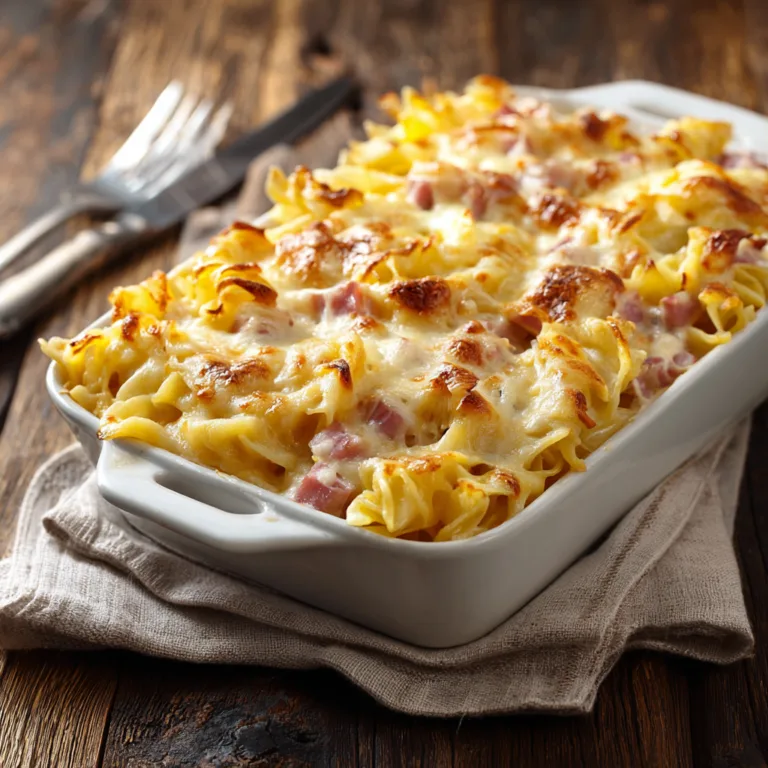 Gratin de pâtes au jambon doré avec fromage gratiné vue du dessus