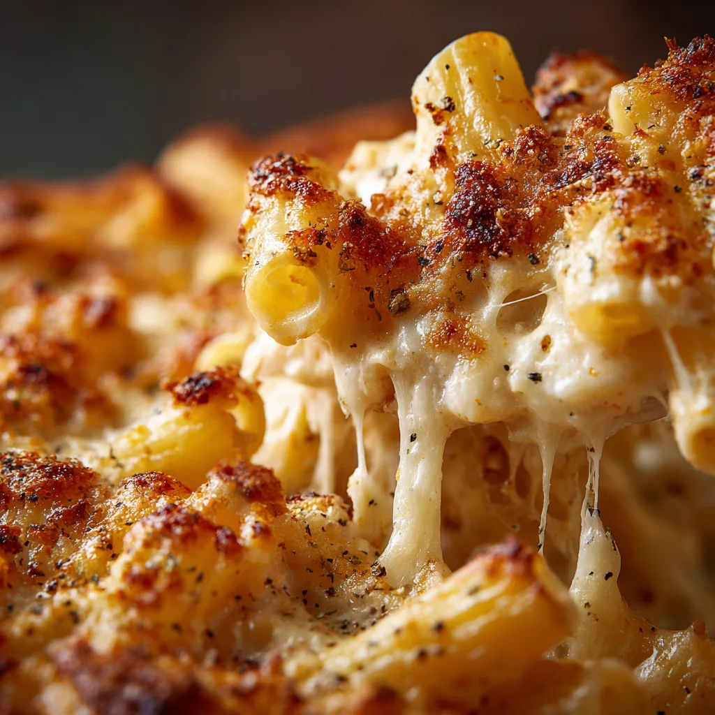 Gratin de pâtes texture crémeuse gros plan fromage fondu gruyère