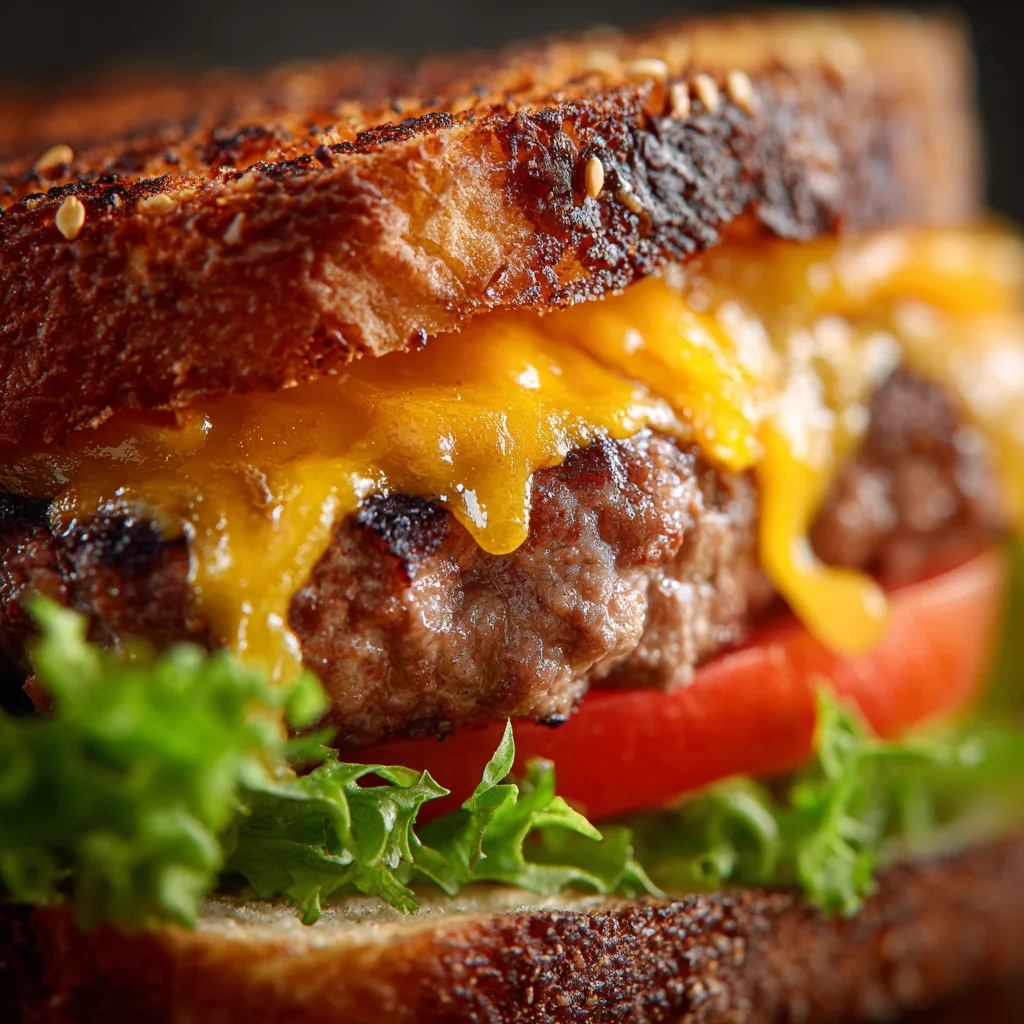 Gros plan coupe transversale burger maison au bœuf cheddar fondu