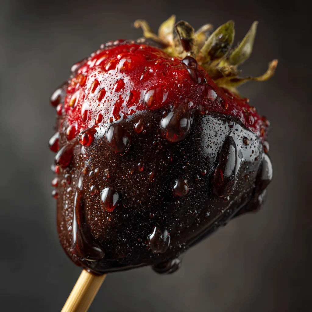 Gros plan brochette fraise chocolat noir enrobage brillant