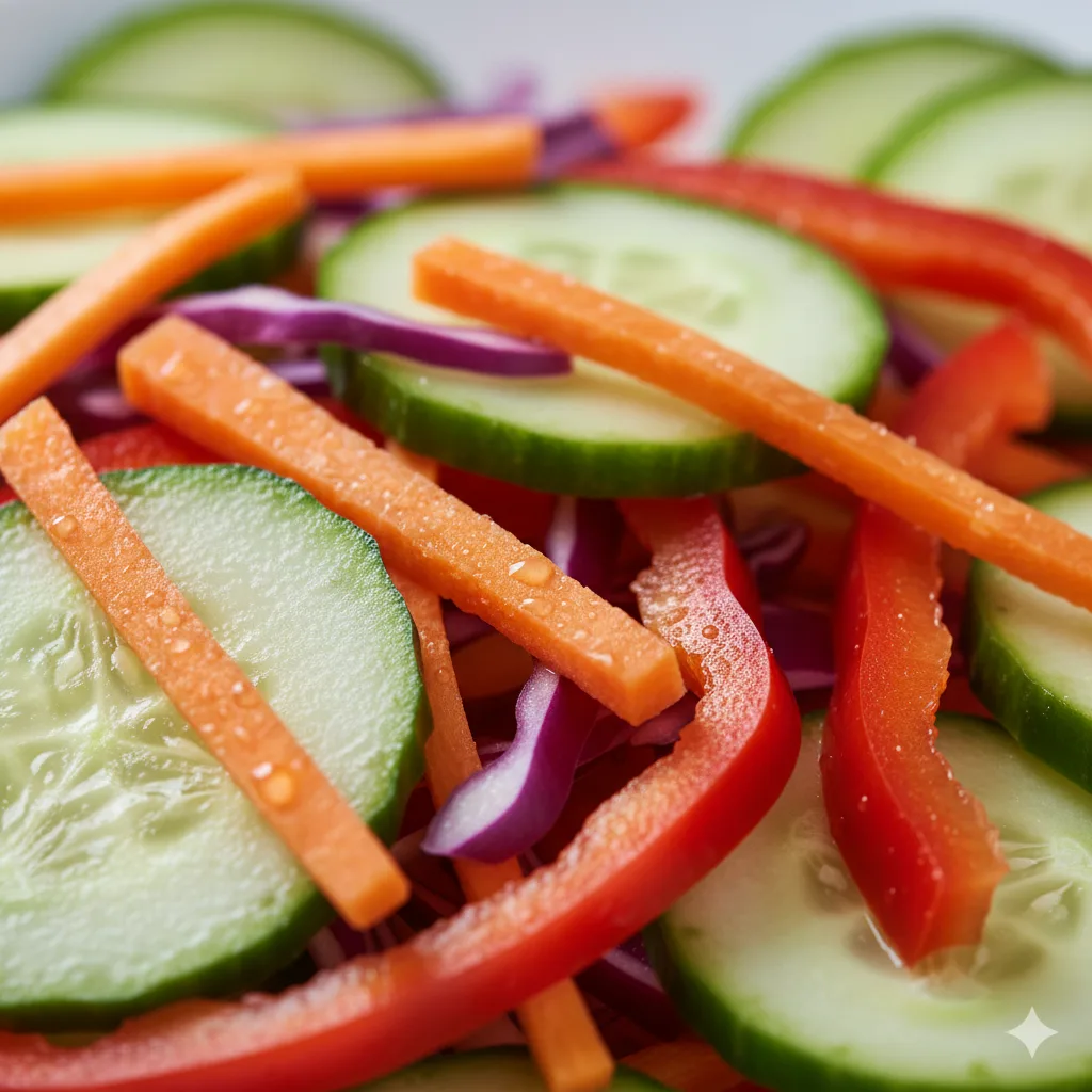 Gros plan texture croquante légumes frais salade carotte concombre poivron chou