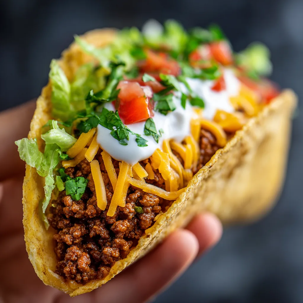 Gros plan tacos mexicains au bœuf épicé avec fromage fondu et garnitures colorées