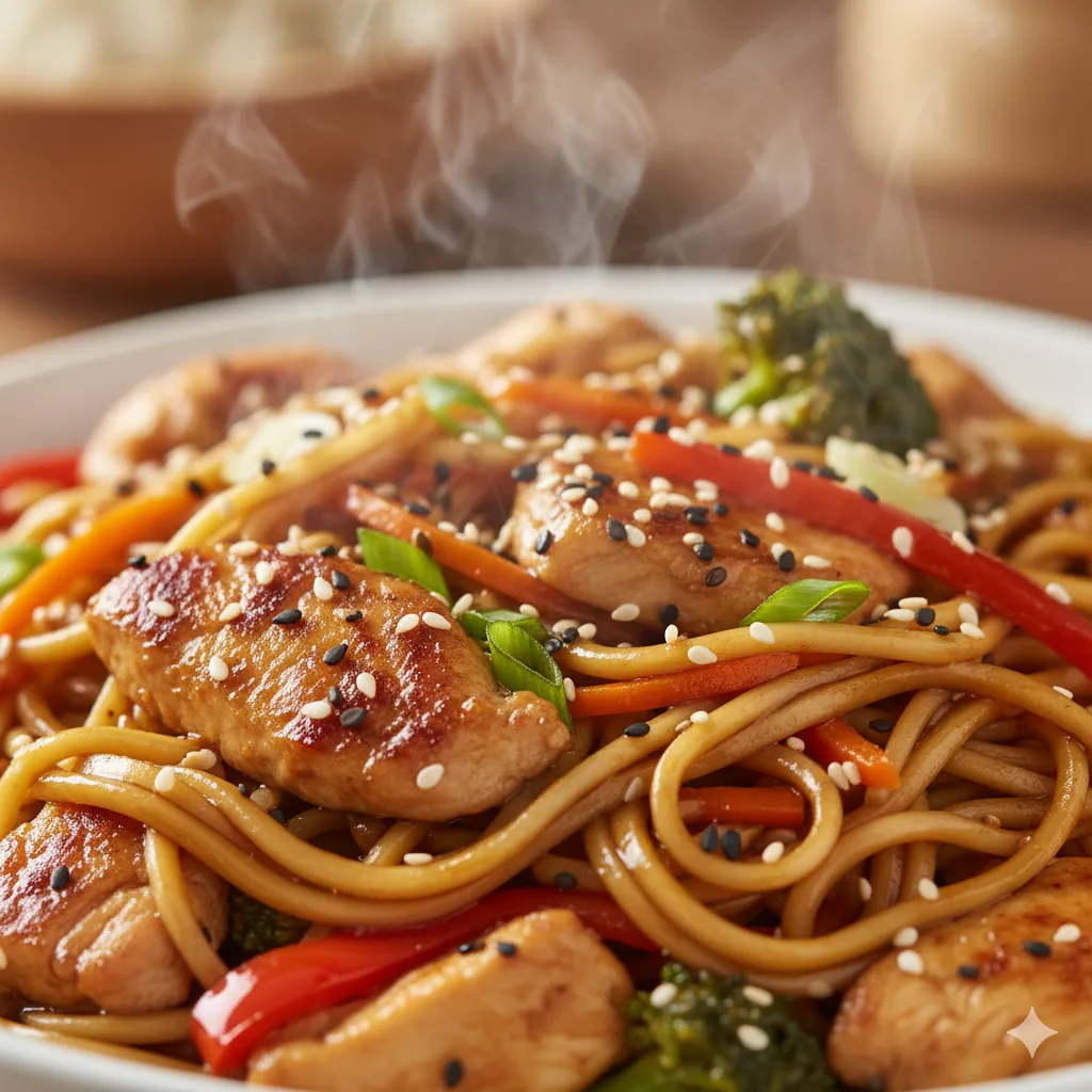 Gros plan sur les nouilles chinoises au poulet avec sauce brillante et sésame