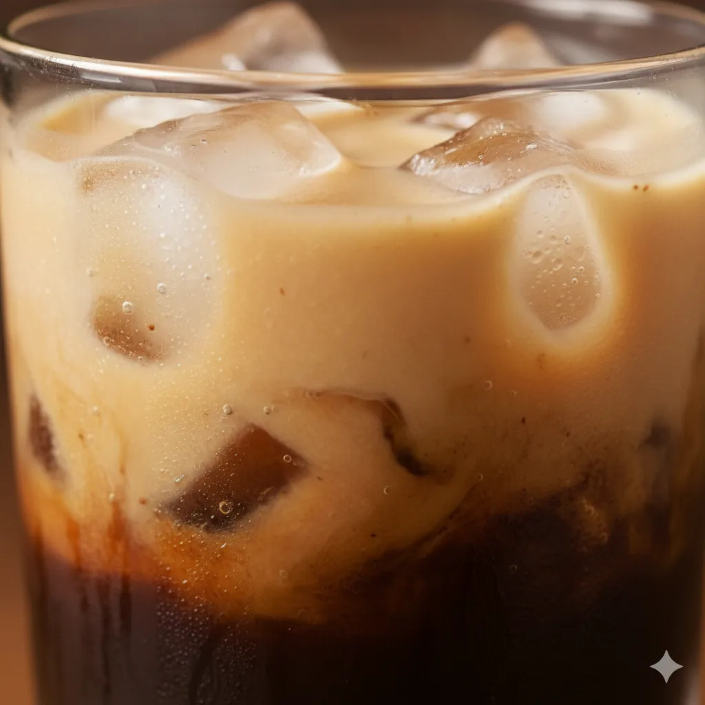 Gros plan d'Iced Chai montrant les couches de concentré épicé et de lait crémeux avec glaçons