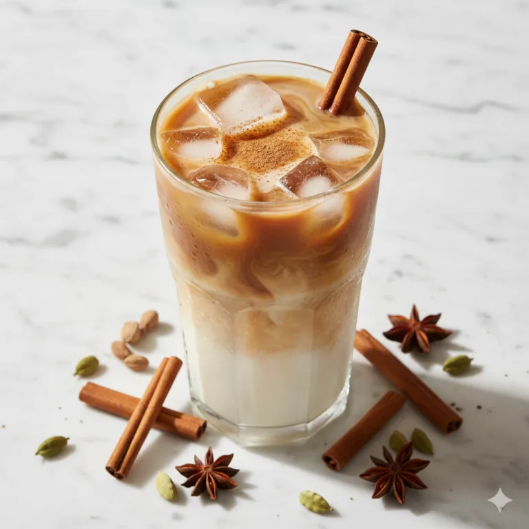 Iced chai maison vue du dessus avec glaçons, lait crémeux et garniture de cannelle sur comptoir en marbre