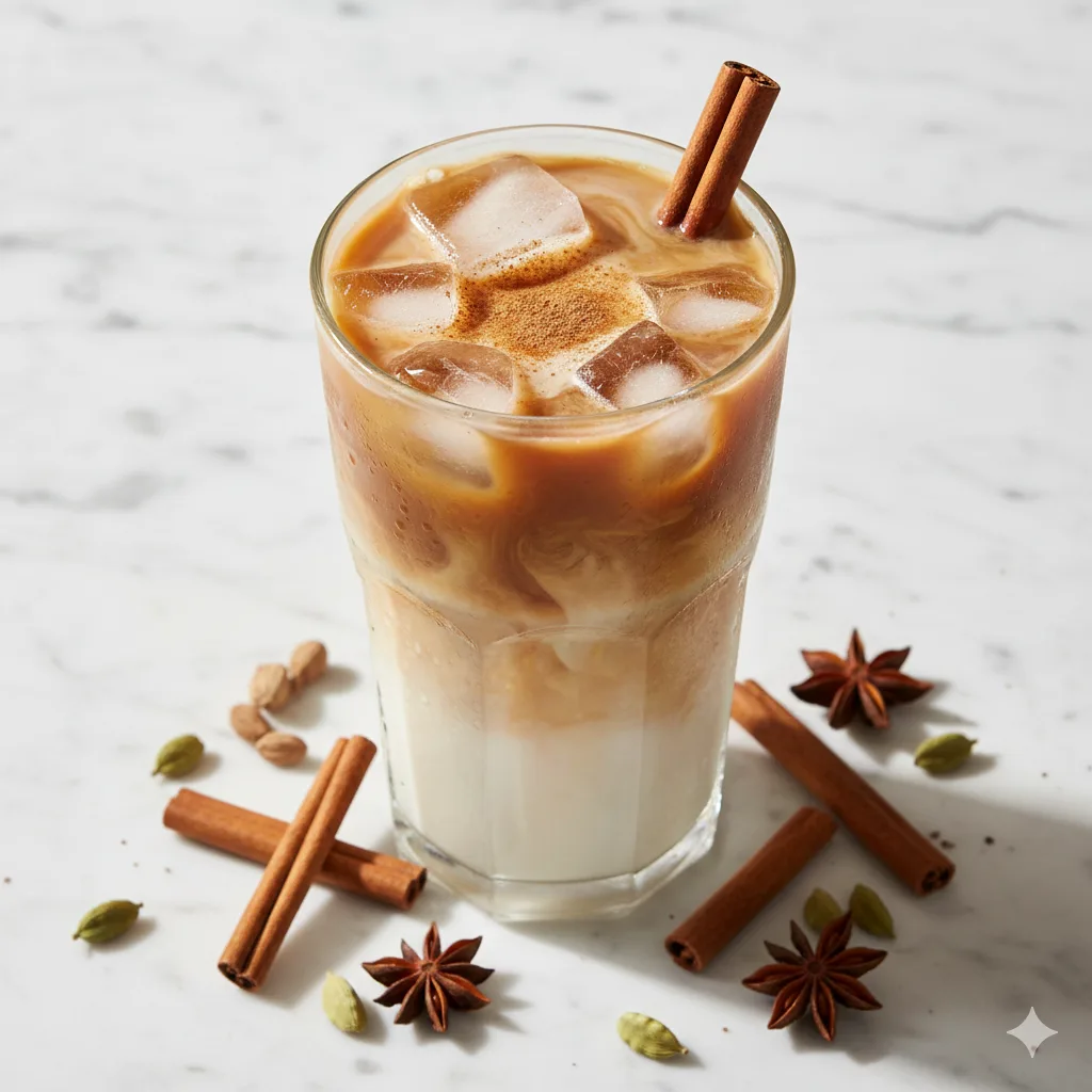 Iced chai maison vue du dessus avec glaçons, lait crémeux et garniture de cannelle sur comptoir en marbre
