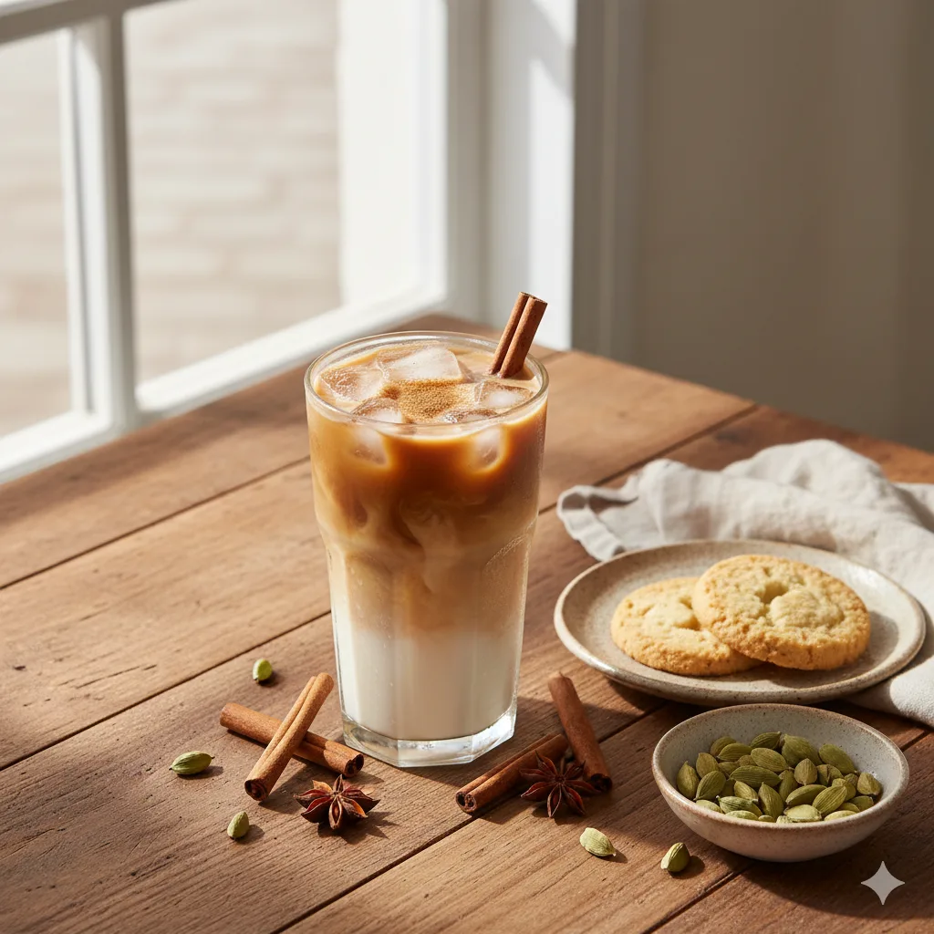 Iced Chai servi dans un grand verre avec biscuits shortbread et épices chai sur table rustique